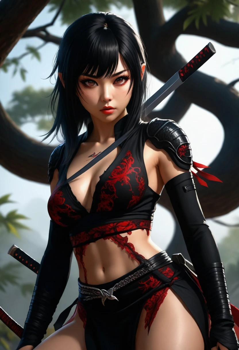 A beautiful fury beast female in sexy ninja outfit with the katana in her hand, stay on the tree, low-angle view under her dress She is extremely hot and sexy. She has detailed eyes, lips, and eyelashes. Digital painting, cinematic lighting, dramatic shadows, moody colors, and dark fantasy.