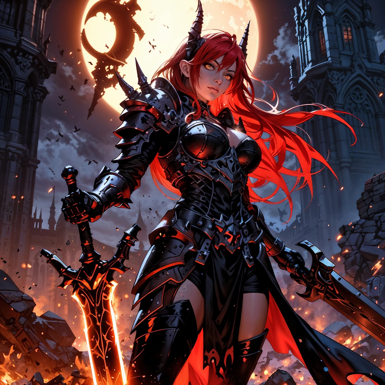 長い髪を持つbeautifulアニメ風の女性,(((Red Hair)))Long Wavy Hair,Transparent Hair,(((Highest quality)))Evil Eye,Frowning face,Extreme beauty,(((Red eyes))),Arrogant beauty,(((A well-defined, glamorous body)))((Huge bust))Tight waist,(((Bikini Armor)))黒色と赤色の際どいBikini Armorを着たExtreme beauty,(Beast Bone Armor),Wolf Ears,Wolf's Tail,((Extreme Armor)),((Armor exposing the chest, navel, and thighs)),Tan Skin,beautiful,(((swordsman pose))),((Holding a sword in his right hand)),(((detailed)))Full Body Shot,scar,無数のscar,(((background)))fog,Red Moon,Countless mountains,Dark steppe。