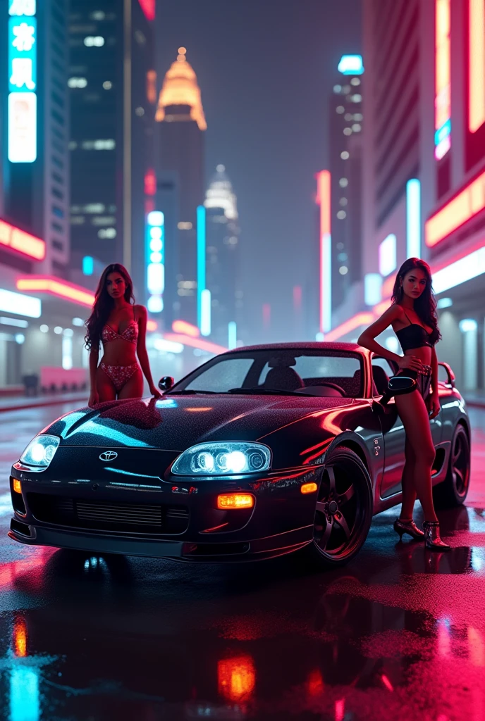Black Audi R8 in a Cyberpsn with 2 women in bikinis
