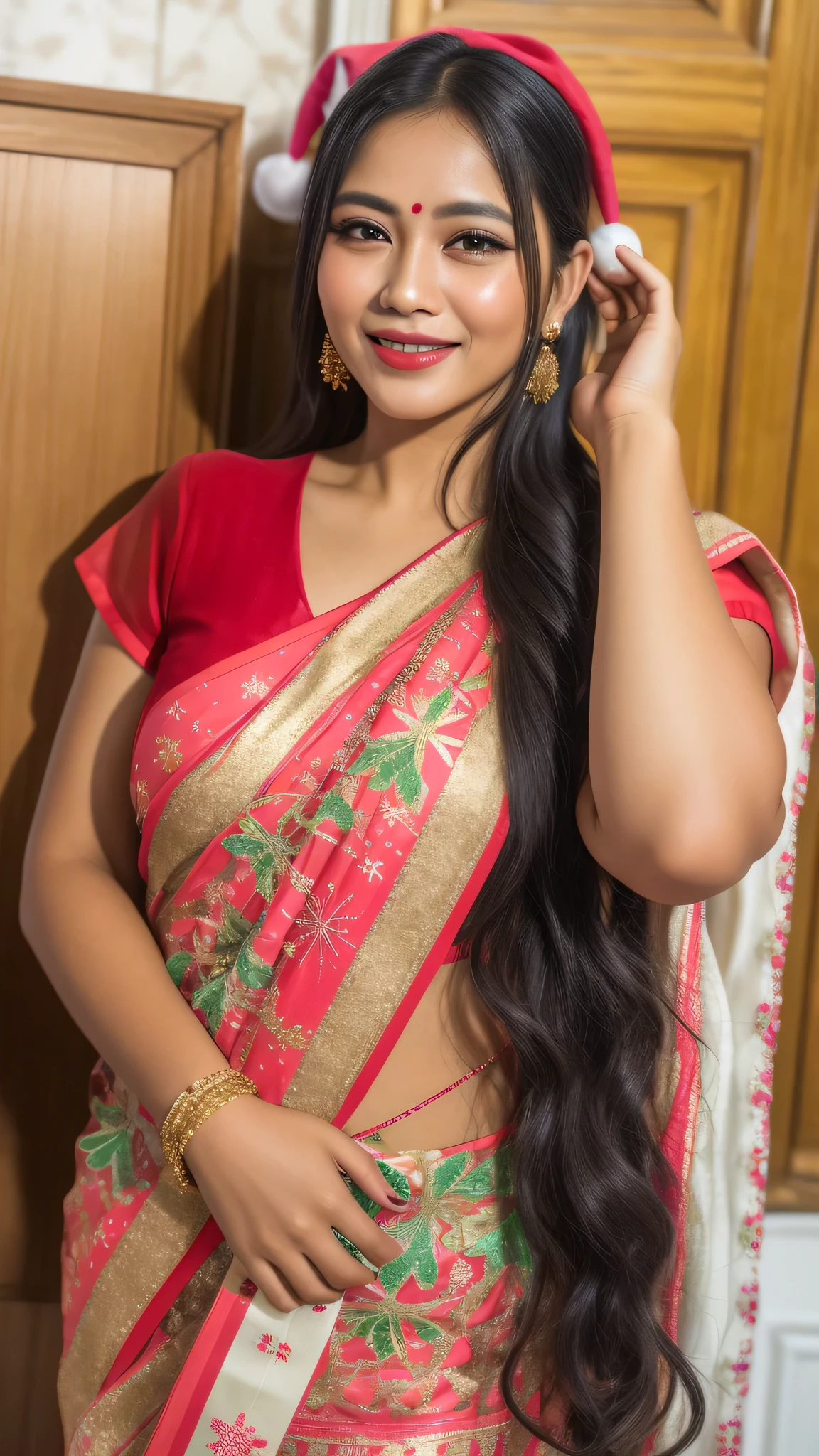a close up of a woman with long black hair wearing a sari, traditional beauty, very beautiful enga style, candid photograph, south east asian with long, with lovely look, indian goddess, very attractive and beautiful, candid photo, very beautiful girl, indian, candid picture, with a seductive smile, attractive girl, very seductive pose, assamese,HD, (finest details), (best quality), Merry, Christmas decorations, night, Christmas theme, Christmas gifts, Christmas tree, best quality, high resolution, Christmas decorations, lights, snowflakes, (( (Red Christmas hat))),