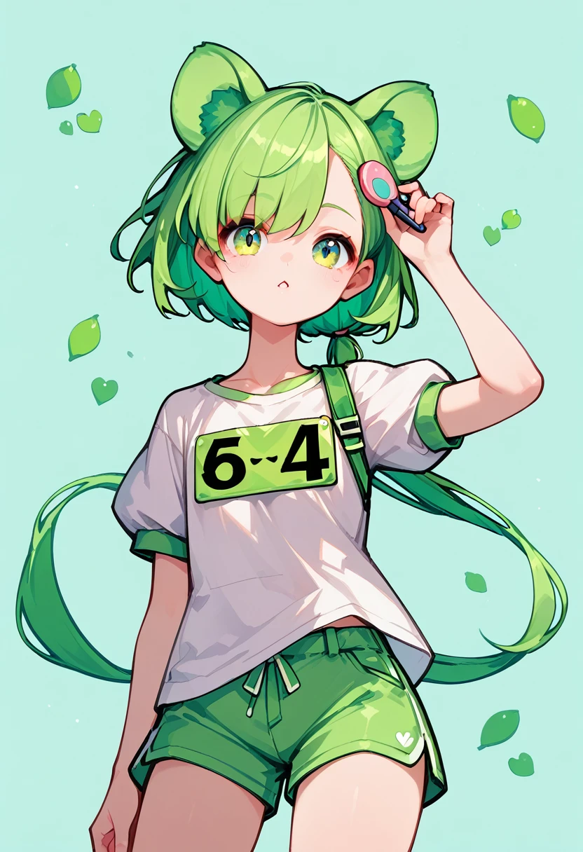 Zundamon,Voice Box,green hair girl, Brush Sticker, Animal ears, short Hair, Low Ponytail, Hair Ears,White shirt, Short sleeve, suspender Shorts,Shorts, Puff sleeves,Dark solid background,transparent background, Glance at the viewer, Front view,  Portraiture,super close up shot, Open the mouse,zundalora