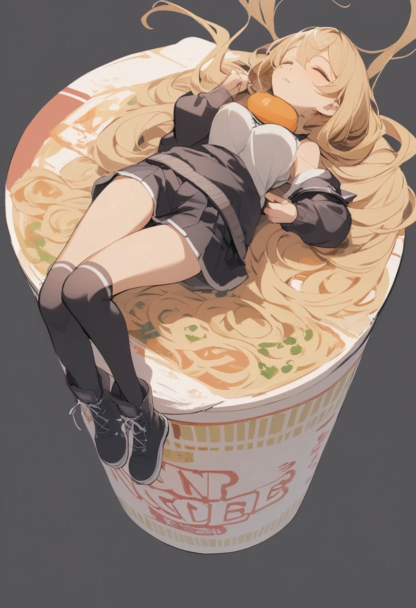 One girl, Medium sized breasts,
Noodle stopper,Nissin Chicken Ramen,Cup Ramen, Mini Girl, whole body,Simple Background, White background,
From behind, Portraiture, look up, boredom,Mouth closed,
Best Quality,medium quality,Dynamic Angle,Drowning in noodles,