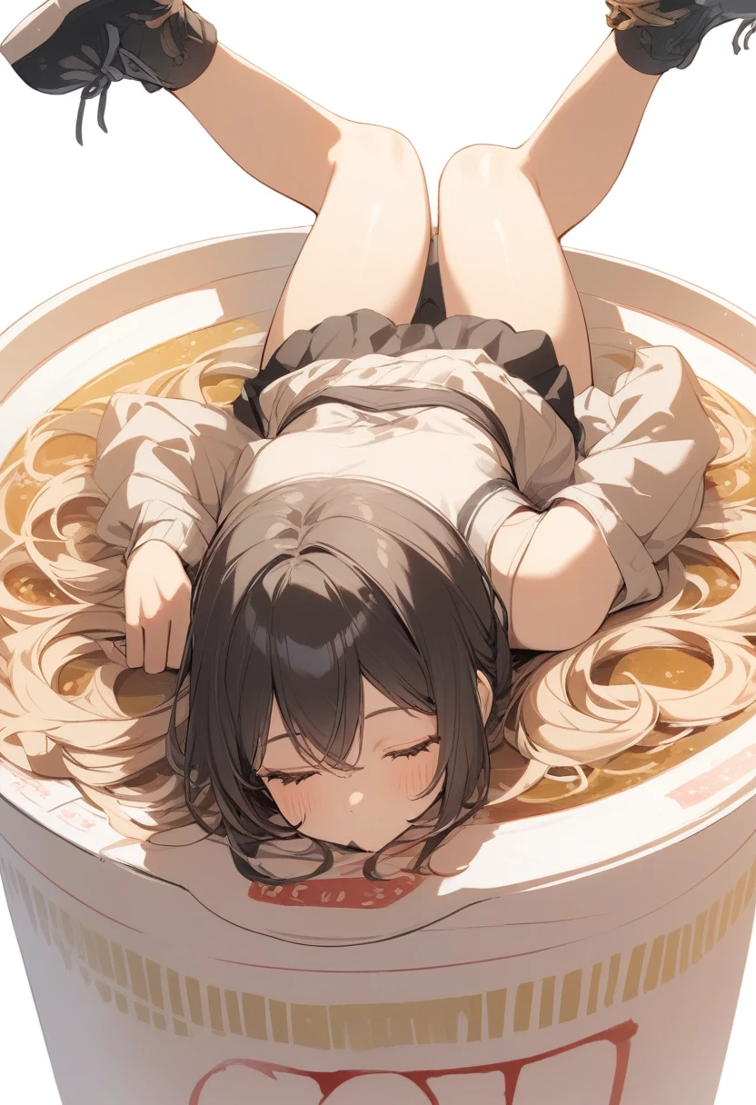 One girl, Medium sized breasts,
Noodle stopper,Nissin Chicken Ramen,Cup Ramen, Mini Girl, whole body,Simple Background, White background,
From behind, Portraiture, look up, boredom,Mouth closed,
Best Quality,medium quality,Dynamic Angle,Drowning in noodles,