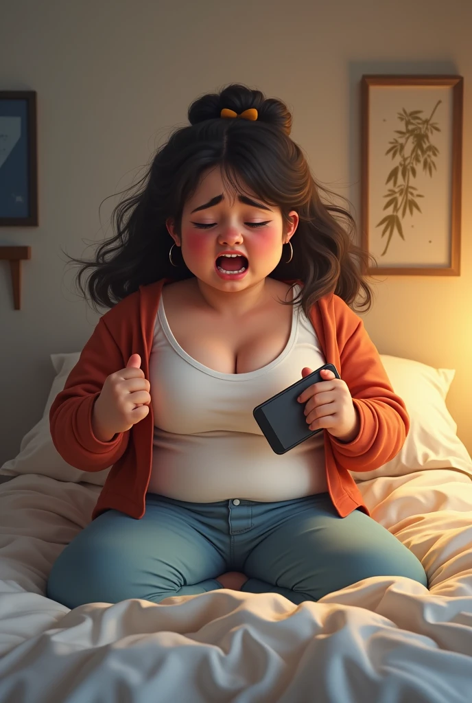 chubby girl throwing her cell phone on the bed a little scared