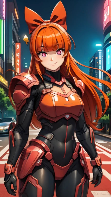 (8k),(masterpiece),(Japanese),(1girl),((Blossom)),((armorsuit)),From the front, upper body, Cowboy shot, close up, smile,cute,Innocent,Kind eyes, Flat chest, (long orange hair, blunt bangs, pink eyes, hair bow, red bow), red domino mask,city-scene-aso, night,dark, Neon light, LED, building , landscape, avenue, cyberpunk city, vivid colors 