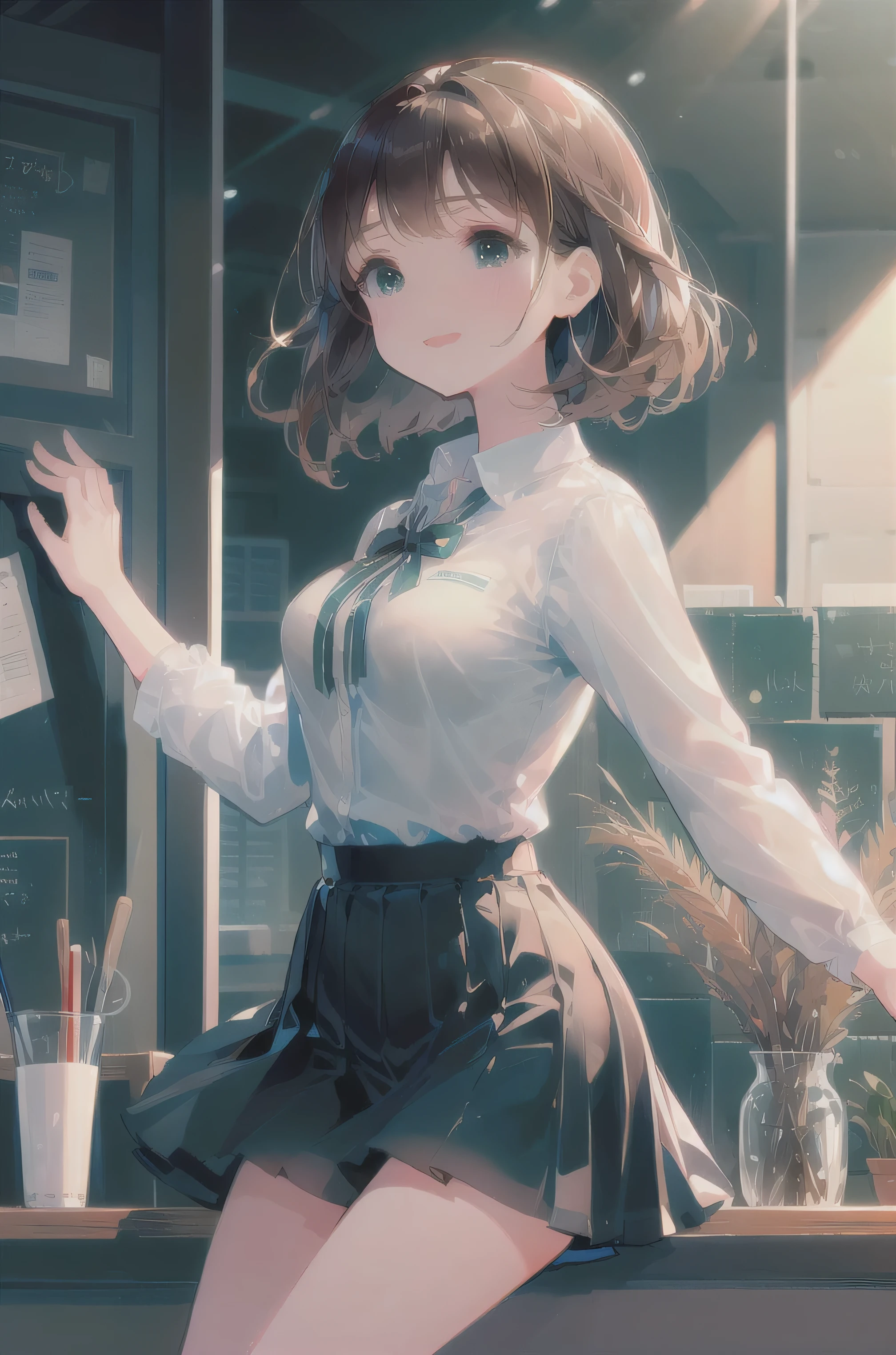 masterpiece, absurdres, best qualitiy, high detail, kabedon, 1girl, mature, blush, medium breasts, (black short hair), brown eyes, adult woman, office, open mouth, happy, office lady uniform, (being held down by a second girl with long light brown hair), green eyes, white soccer uniform, mature, adult woman, smiling, kabedon