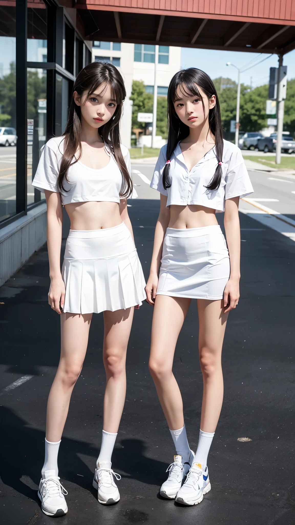 High detail, Textured skin, Very detailed, Ultra high definition, High-resolution model, Detailed face、bare navel、Twins, two girls, two high school girls、(((flat chest))), (flat chest:1.1)、 14years、a junior high school student、School Uniforms、Cute, young, (Full body:1.3)、Ultra-detail、​masterpiece、top-quality、超A high resolution、8K high image quality、Photogenic clarity、A detailed eye、Real live-action、Spring outdoor、Model Standing、Beautiful posture、High detail, Textured skin, Very detailed, Ultra high definition, High-resolution model, 