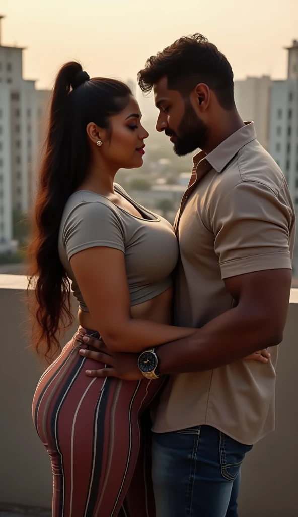 busty woman with huge breasts wearing grey saree in a boat standing and posing for a picture with a indian boy male hugging her