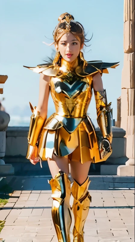 Ultra-high saturation（tmasterpiece，（best qualtiy）， （1girll,  Wearing shiny gold armor，saint seiya armor, cancer armor, walking at the Ancient Greek, uhd, 8k