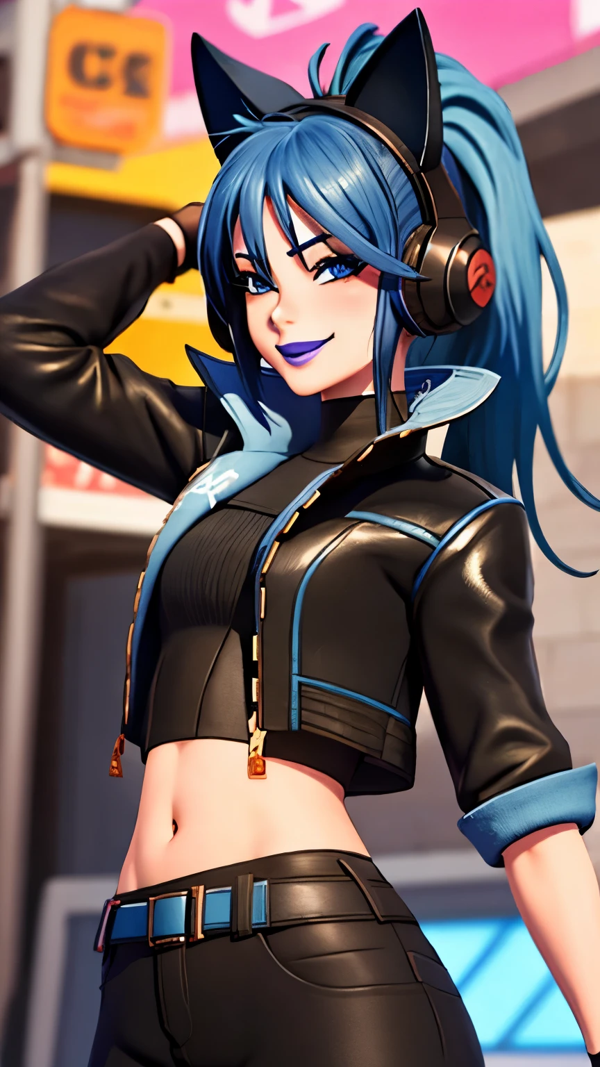 Anime, 1girl,blue hair, ponytail, blue eyes, eyeshadow, (blush:1.1),upper body,trembling, heart,(speed lines:1.1), heart, black jacket, jacket crop top, navel cat ears headphones, black crop top, purple lips, smile, looking at viewer, facing viewer