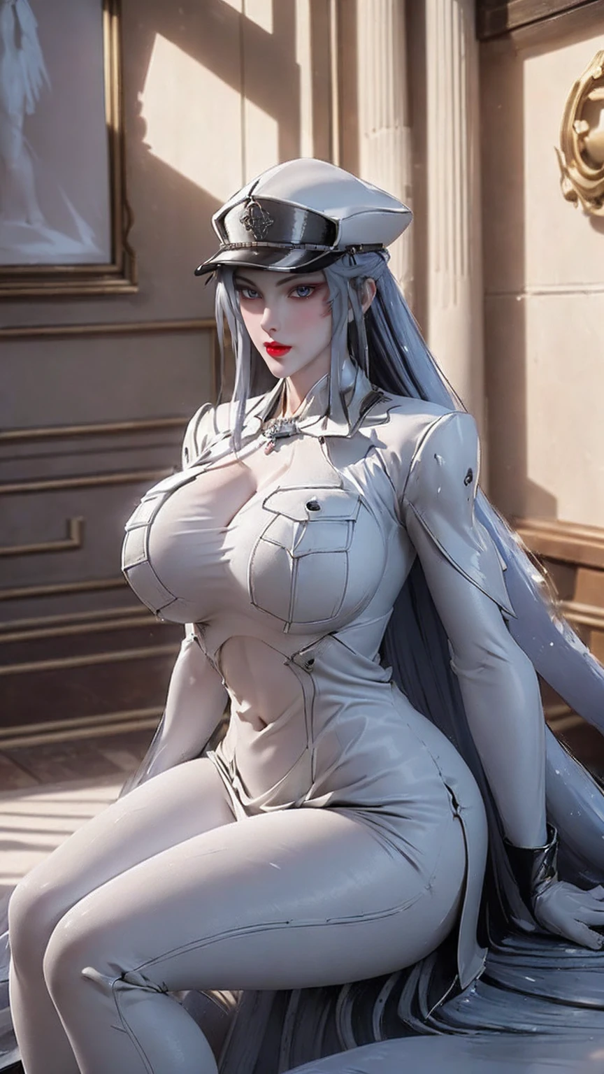 Female General,portrait,Full body photo,Solitary,(Ice-colored hair,White Royal Navy Cap),(Giant fake breasts,Lysis,Muscle Abs:1.5), (Snow-white mecha shines with futuristic background ,White Royal Navy Uniform:1.5,High heel),(Slim body:1.5), (Sweaty plump body:1.5), (Looking at the audience:1.3),(The lobby of the future space station:1), (Photorealism:1.4), (Ultra Detailed), (Top quality), (Best shadow), (masterpiece), Bright indoor lighting, Super texture, (4X Multi-Anti-Aliasing), ((Unreal Engine 5 Rendering)), physically-based rendering, Ultra-high definition, 16K, 1080P.