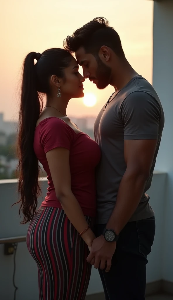 Virat kohli with Mia Khalifa 
Mia Khalifa wear shorts skirt and tshirt 
And virat kohli stand back side of Mia Khalifa and roamnce with her his hand in her romanticly her breast hd 8k quality realistic image with clear face like real 