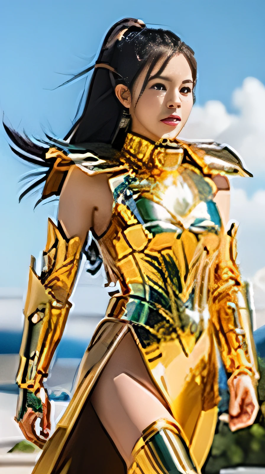 Ultra-high saturation（tmasterpiece，（best qualtiy）， （1girll,  Wearing shiny gold armor，saint seiya armor, cancer armor, walking at the Ancient Greek, uhd, 8k