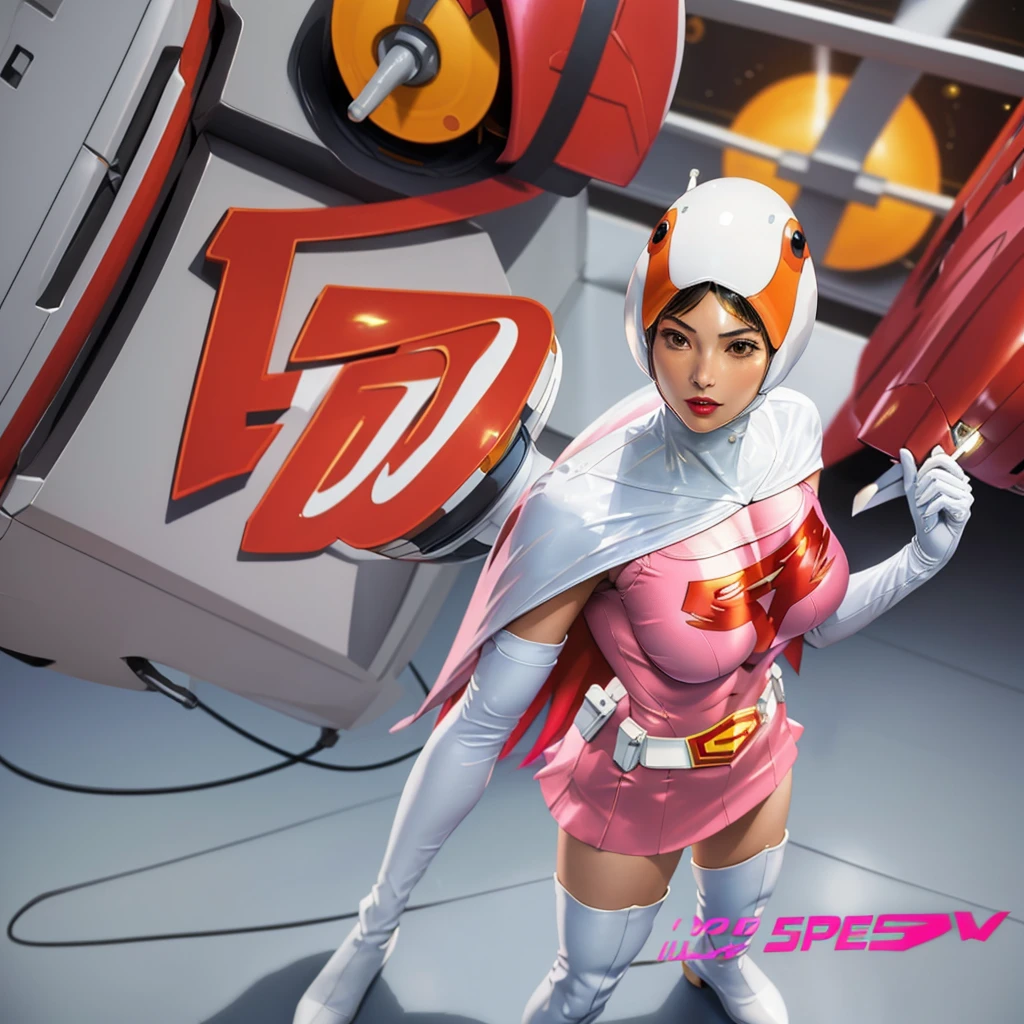 ANI_CLASSIC_jun_gatchaman_ownwaifu,1girl, ,good anatomy, masterpiece, best quality,realistic, hyperrealistic, 16k hdr,breasts,green eyes,lips,large breasts,lipstick,makeup,gloves,cape,helmet,belt,elbow gloves,white gloves,mask,ultra miniskirt,leotard,spacesuit,white tight overknee highheels boots,pink dress,superhero,bodysuit,cleavage,erected nipples,((jumping poses)),cameltoe