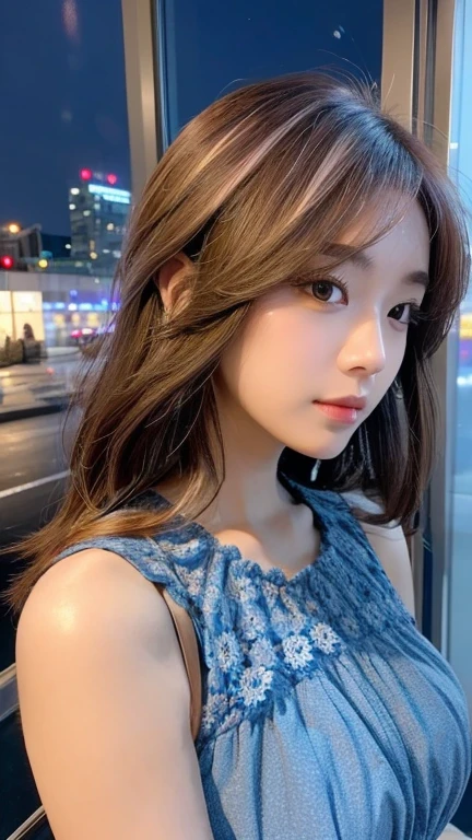 ((Top image quality、8K、masterpiece:1.3))、full body Esbian、Focus sharpness:1.2、Beauty with outstanding style:1.4、Slender Abs:1.2、((Brown hair、Colossal tits:1.2))、Black thin dress:1.1、(city night scene、Modern balcony:1.1)、Highly detailed facial and skin texture、A detailed eye、二重まぶた