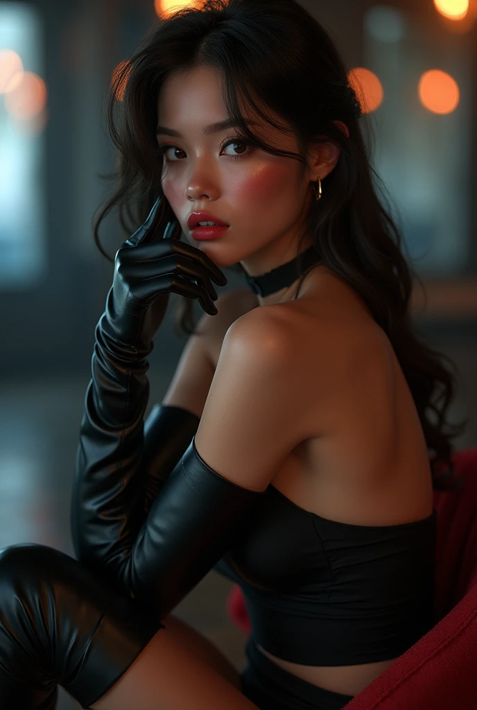 a sexy asian woman wearing high heels, sexy gloves, beautiful detailed eyes, beautiful detailed lips, extremely detailed eyes and face, long eyelashes, elegant pose, dramatic lighting, cinematic, photorealistic, 8k, high quality, intricate details, chiaroscuro, dramatic shadows, vibrant colors, rich textures, beautiful jewelry, cinematic composition, striking atmosphere, dramatic mood