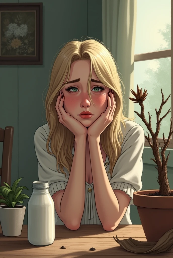 I need a blonde woman with a worried face looking out a window. the image has to look like a drawing 