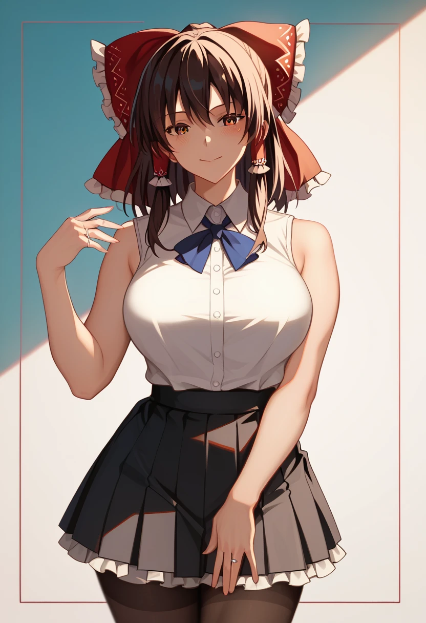 masterpiece, Best Quality, 1 person,(Standing, View your viewers,),Detailed Background、A person who writes in detail、Accurate human body、Knowledgeable person、(Accurate 5 fingers),Mature Woman,Thighsが太い,curvy body、Thighs、Alone,(middle breasts),hakurei reimu,sleeveless,bare arm,collared shirt, white shirt, Black tights,black skirt, frilled skirt,,(wedding ring on left hand),1girl,Alone,(No background)、((Accurate 5 fingers))