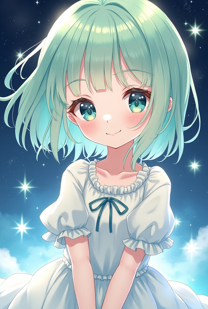 Cute anime girl in a black dress made of clouds. The skirt is very fluffy and flutters in the wind when she walks. Big green eyes with eyelashes around her face, cloud-like hair, white skin shining in the bright light, oil painting, brush strokes, anime style, full body portrait, dark background, neon lights, colorful, cute style, typhoon coming、Works by Takashi Murakami
