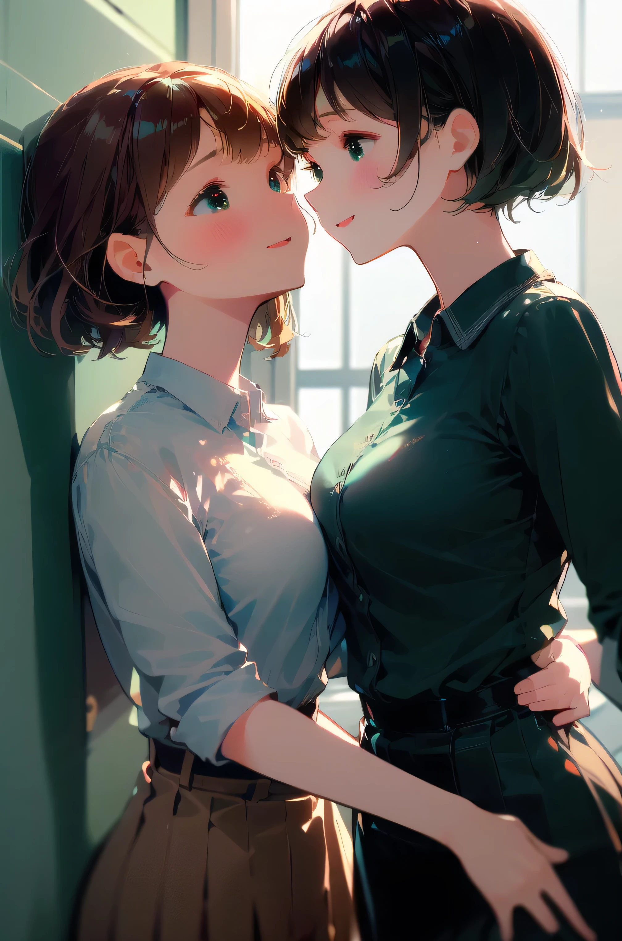 masterpiece, absurdres, best qualitiy, high detail, kabedon, 1girl, mature, blush, medium breasts, (black short hair), brown eyes, adult woman, office, open mouth, happy, office lady uniform, being held down by a second girl with long light brown hair, green eyes, white soccer uniform, mature, adult woman, smiling, kabedon, ((looking at each other)) 