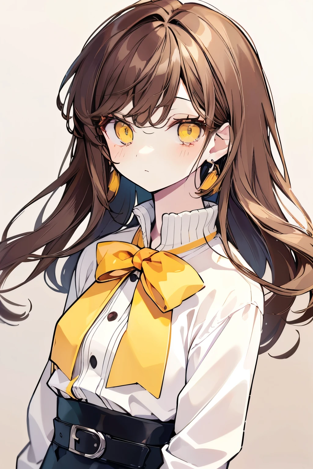 High resolution, Best Quality, masterpiece, Ultra-precision,Character Portrait,One girl, solo,adult,Look at, Beautiful Face,((Brown Hair)),Yellow inner color hair,((Amber Eyes)),Fine slanted eyes,Long eyelashes,Cool look,white, Brown and cream clothing,Slender figure,Simple Background,Concept Art,