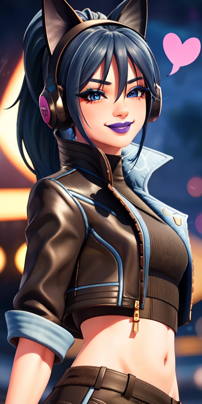 1girl,blue hair, ponytail, blue eyes, eyeshadow, (blush:1.1),upper body,trembling, heart,(speed lines:1.1), heart, black jacket, jacket crop top, navel cat ears headphones, black crop top, purple lips, smile, looking at viewer, facing viewer, winked at the viewer