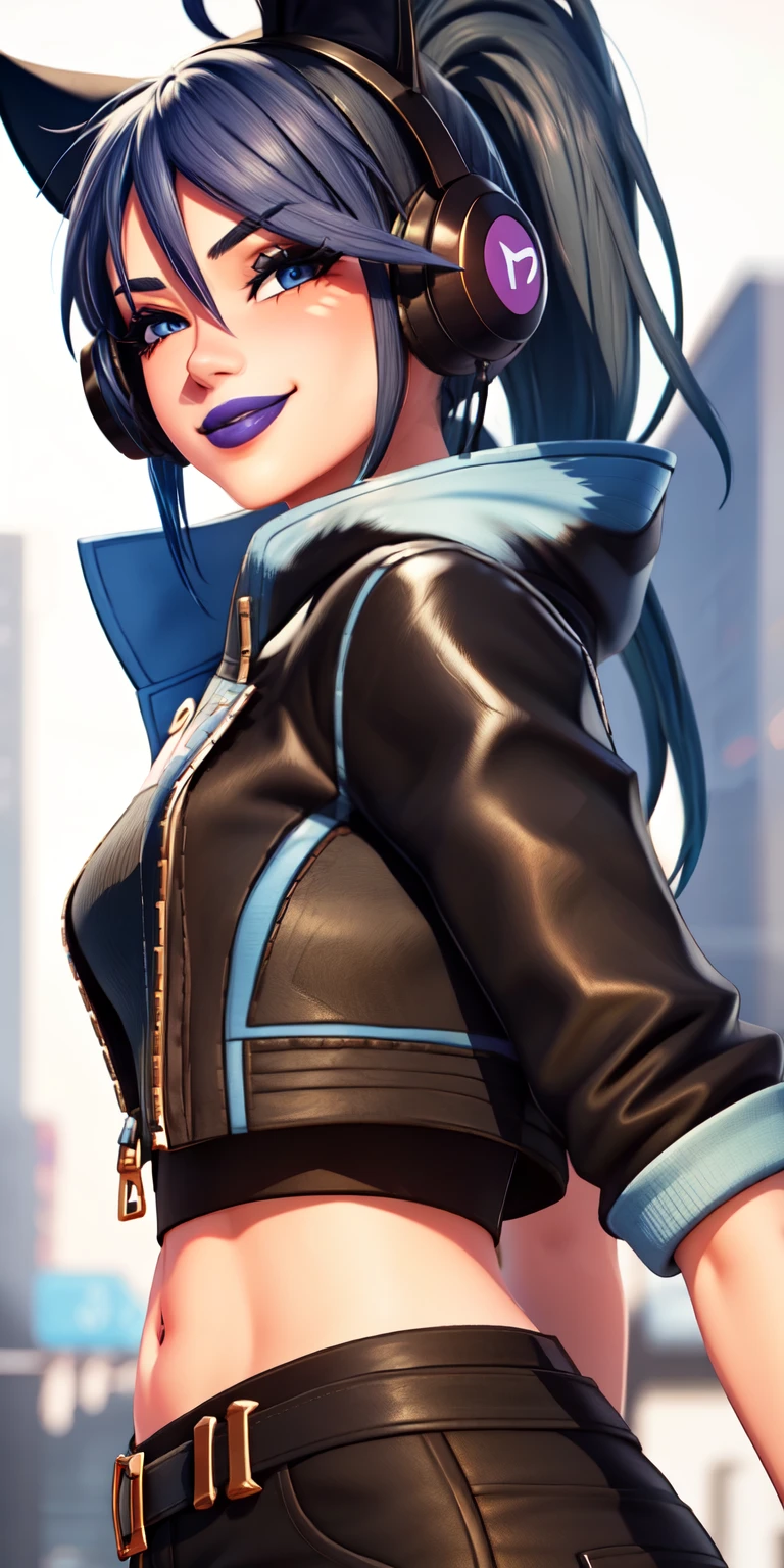 1girl,blue hair, ponytail, blue eyes, eyeshadow, (blush:1.1),upper body,trembling, heart,(speed lines:1.1), heart, black jacket, jacket crop top, navel cat ears headphones, black crop top, purple lips, smile, looking at viewer, facing viewer, winked at the viewer