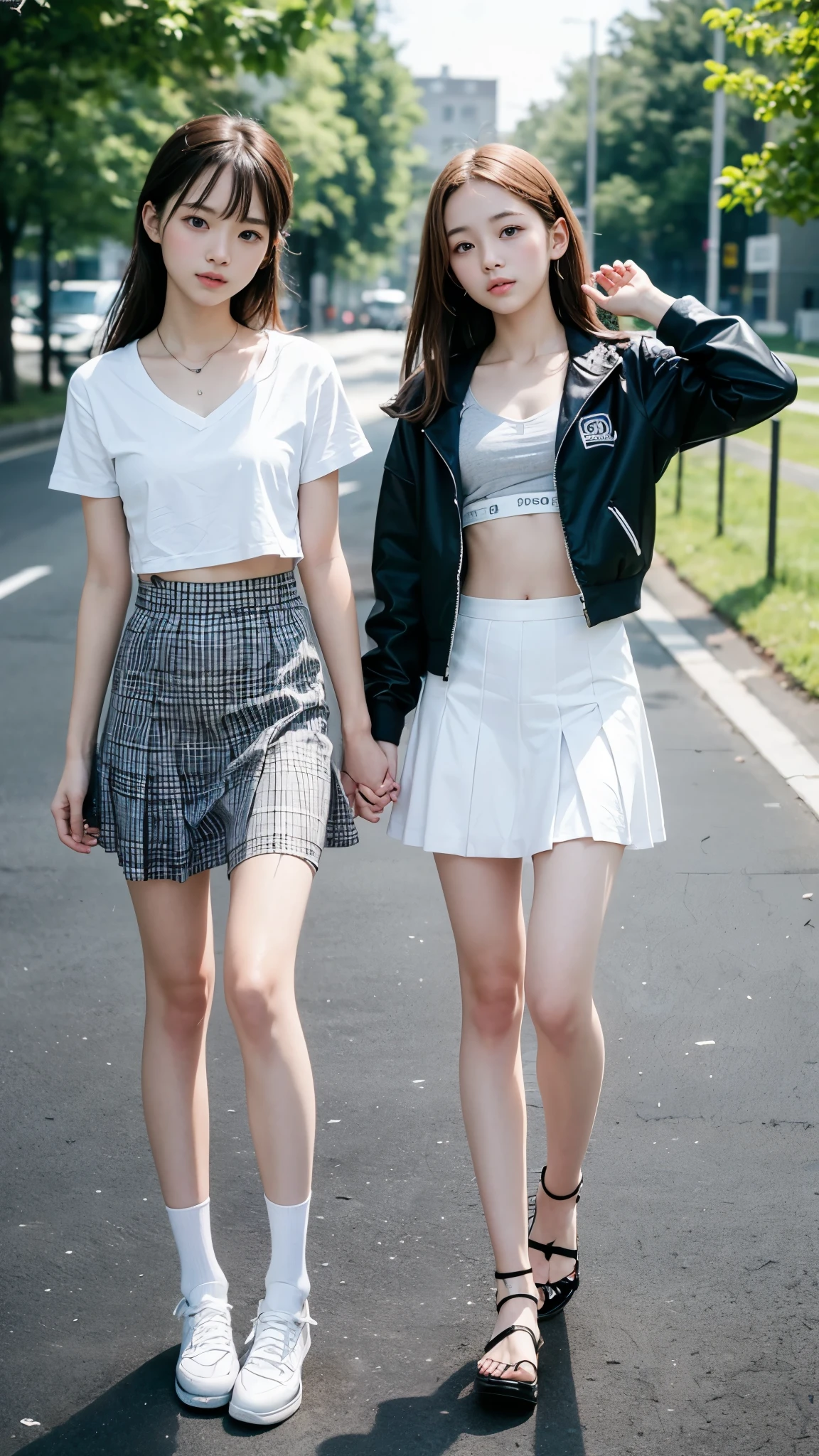 High detail, Textured skin, Very detailed, Ultra high definition, High-resolution model, Detailed face、bare navel、Twins, two girls, two high school girls、(((flat chest))), (flat chest:1.1)、 14years、a junior high school student、School Uniforms、Cute, young, (Full body:1.3)、Ultra-detail、​masterpiece、top-quality、超A high resolution、8K high image quality、Photogenic clarity、A detailed eye、Real live-action、Spring outdoor、Model Standing、Beautiful posture、High detail, Textured skin, Very detailed, Ultra high definition, High-resolution model, 