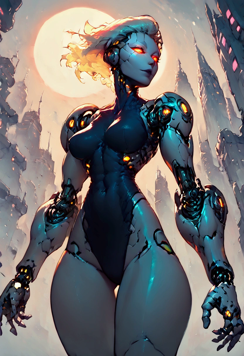 Cyborg female, sexy, magical energy, long metallic hair, fantasy background, building a robot