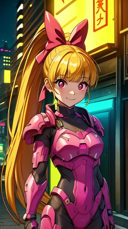 (8k),(masterpiece),(Japanese),(1girl),((ppgzmmk)),((pink armorsuit)),From the front, upper body, Cowboy shot, close up, smile,cute,Innocent,Kind eyes, Flat chest, (long hair, blonde hair, hair bow, blunt bangs, ponytail, red eyes, bright pupils), city-scene-aso, night,dark, Neon light, LED, building , landscape, avenue, cyberpunk city, vivid colors 