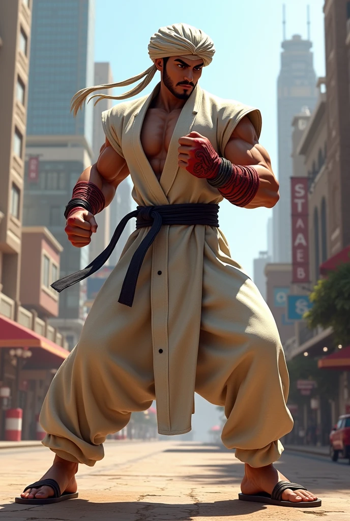 chat, create a fighting game character, male and northeastern who wears clothes in the colors white, red and blue