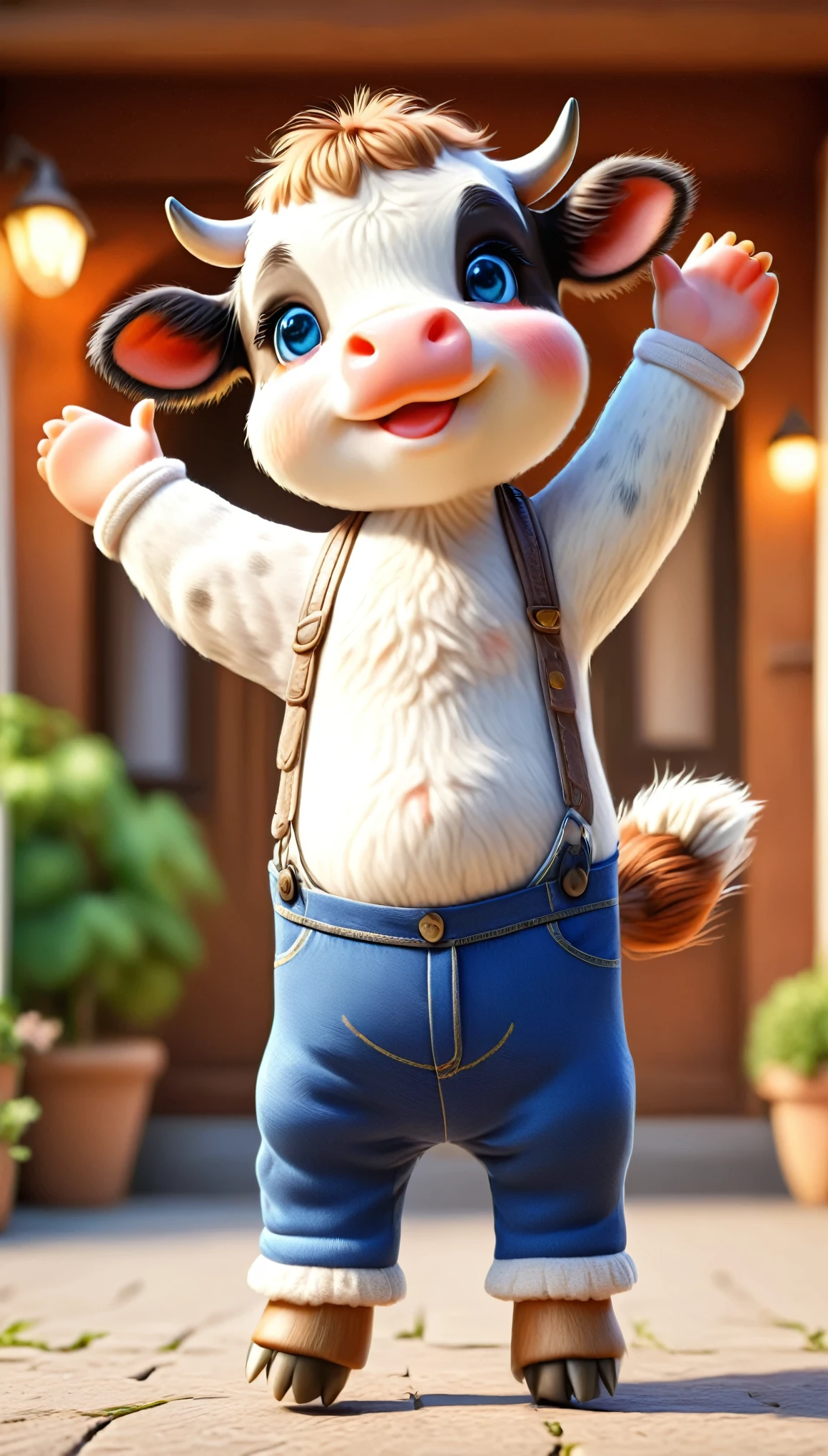 cute cow, arms, hands ,cute eyes, looking at viewer, arms up, house background, funny, realistic, detailed, 4k, blur background, clothes, pants