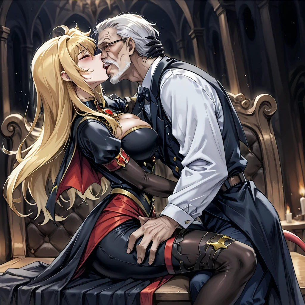 ((Best Quality)), ((masterpiece)), (detailed), （Perfect Face）、The woman who became a demon is Fate Testarossa, a blonde-haired female executive of an evil organization dressed in a black devil costume, completely stained with evil.、The woman happily embraces and kisses her beloved master, the old man who is the leader of evil, and they have sex, making love and becoming evil.