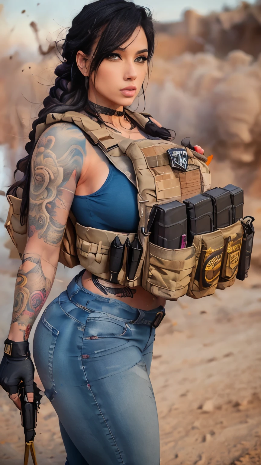 Sexy woman big breasts athletic body wearing a jeans tactical vest arms tattooed Explosive dust