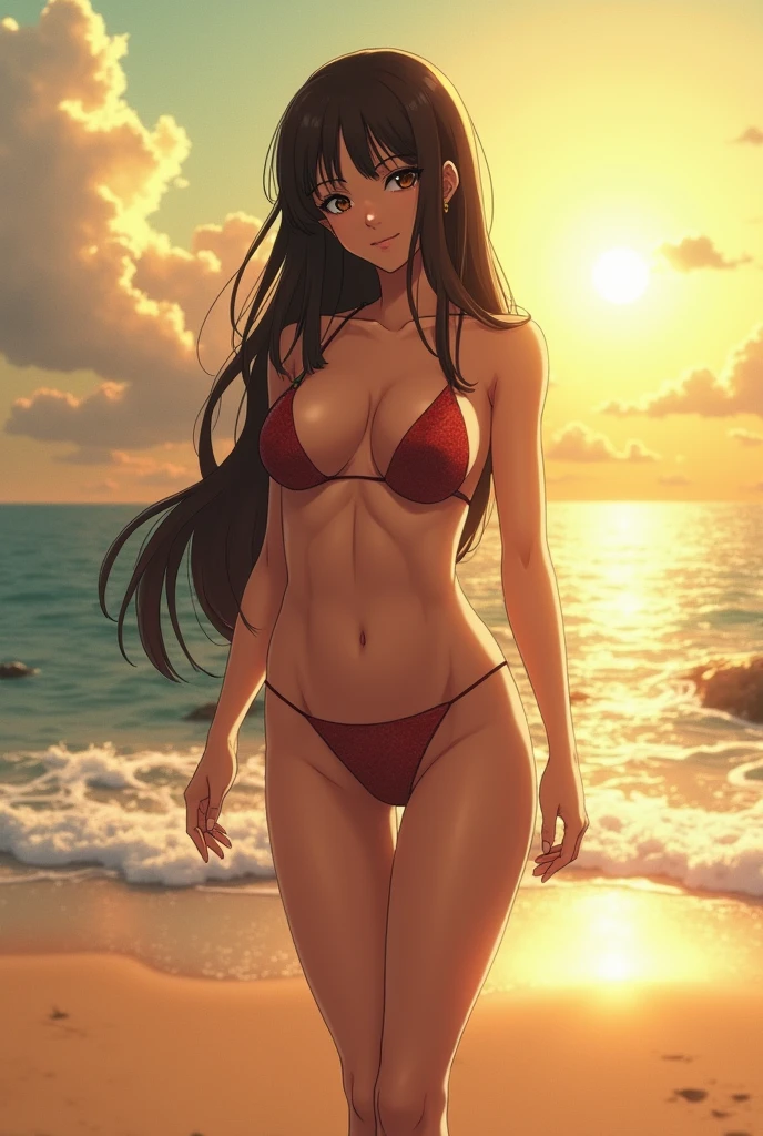 in style of Santiago Caruso,in style of Mike Azevedo，1girl，Bikini，Cat ear，High Ponytail，Unbelievably long hair，cowboy shot,,looking at viewer，Sunburn，Sexy dynamic pose，