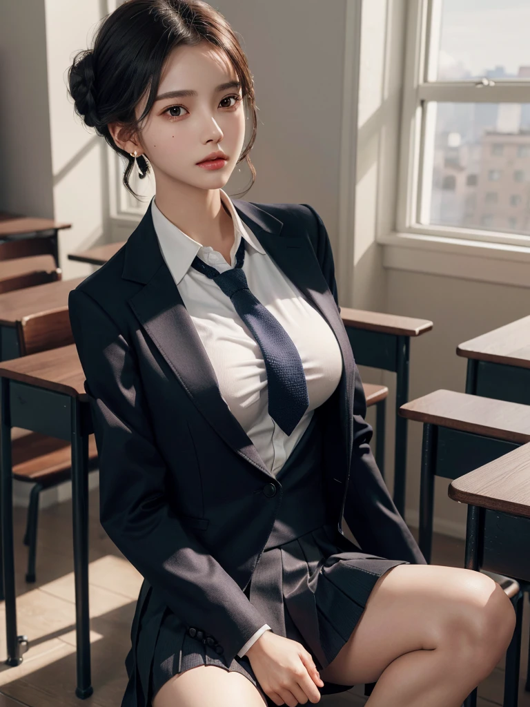absurdres, RAW photo, extremely delicate and beautiful, masterpiece, Best Quality, ultra high resolution, 32k, hyperrealistic, ultra-detailed, perfect anatomy, perfect figure, super Detailed skin, Very detailed CG 8k wallpaper, in her 20s, very Slim body, narrow waist, very small head, very small face, delicate facial features, tearful mole, earring, thin legs, (very huge round breasts:1.2), (full body shot:1.1), 1 girls, short hair, (wavy hair:1.2), (business suit:1.1), (Jacket:1.1), short skirt, (collared shirt:1.2), (wet clothes:1.1), (classroom:1.2),