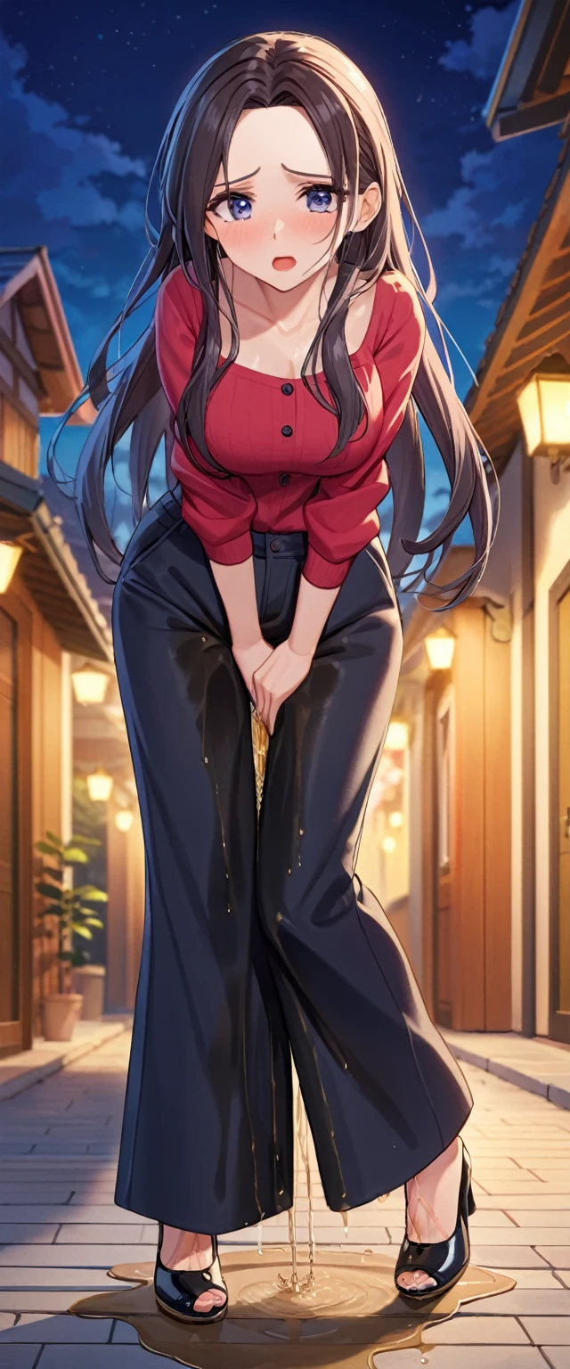 Highest quality, 8K, masterpiece, Very detailed,Ultra-high resolution, ((Doggy sex with guys)),Creampie,Yorbraia,(Pink nipples),Sweating all over the body,Excited expression,Drooling,Pink nipples, (Yorbraia),One Woman,((Black Hair)),Red eyes,(Long Hair )short hair, White hair band, Off the shoulder,Red sweater, Torn black pantyhose, boots, Are standing,Remember, Open back clothing,Black tube top,Sweater skirt,Tilt_Angle from behind,Yorbraia