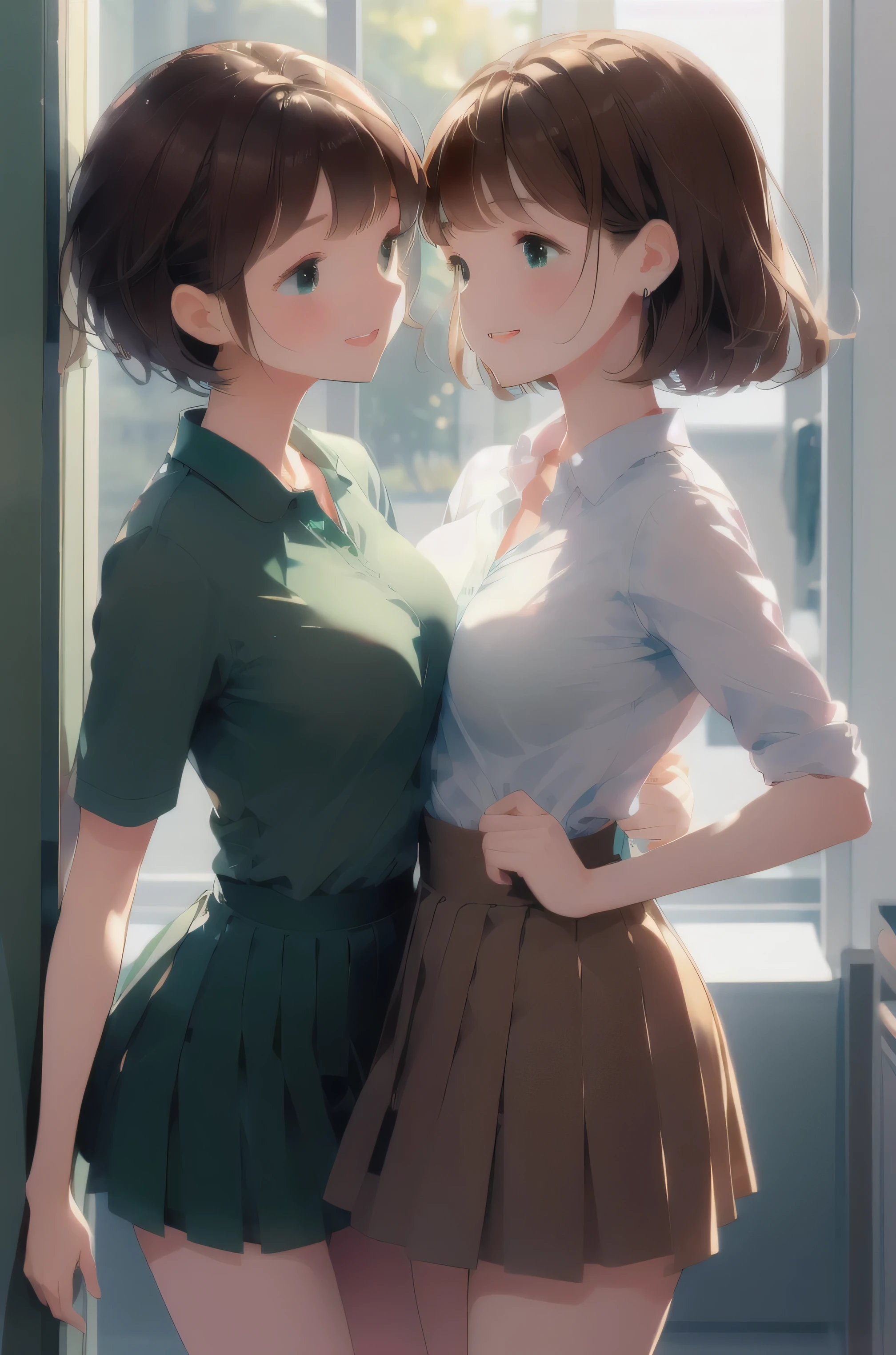 masterpiece, absurdres, best qualitiy, high detail, kabedon, 1girl, mature, blush, medium breasts, (black short hair), brown eyes, adult woman, office, open mouth, happy, office lady uniform, (being held down by a second girl with long light brown hair), green eyes, office uniform, tight mini skirt, mature, adult woman, smiling, kabedon, looking at each other, legs open, faces close