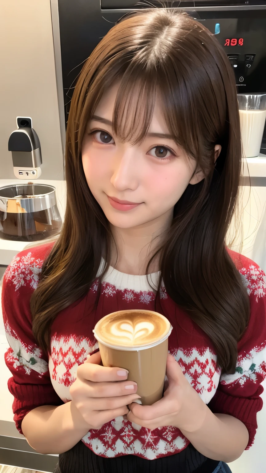 Christmas Sweaters, Cute sweater coffee machine dynamic shot fever々A cup of coffee、Seventeen year old high school girl、Big Breasts、