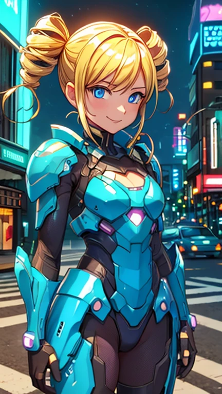 (8k),(masterpiece),(Japanese),(1girl),((ppgzmyk)),((blue, armorsuit)),From the front, upper body, Cowboy shot, close up, smile,cute,Innocent,Kind eyes, Flat chest, (blue eyes, blonde hair, twin drills), city-scene-aso, night,dark, Neon light, LED, building , landscape, avenue, cyberpunk city, vivid colors 