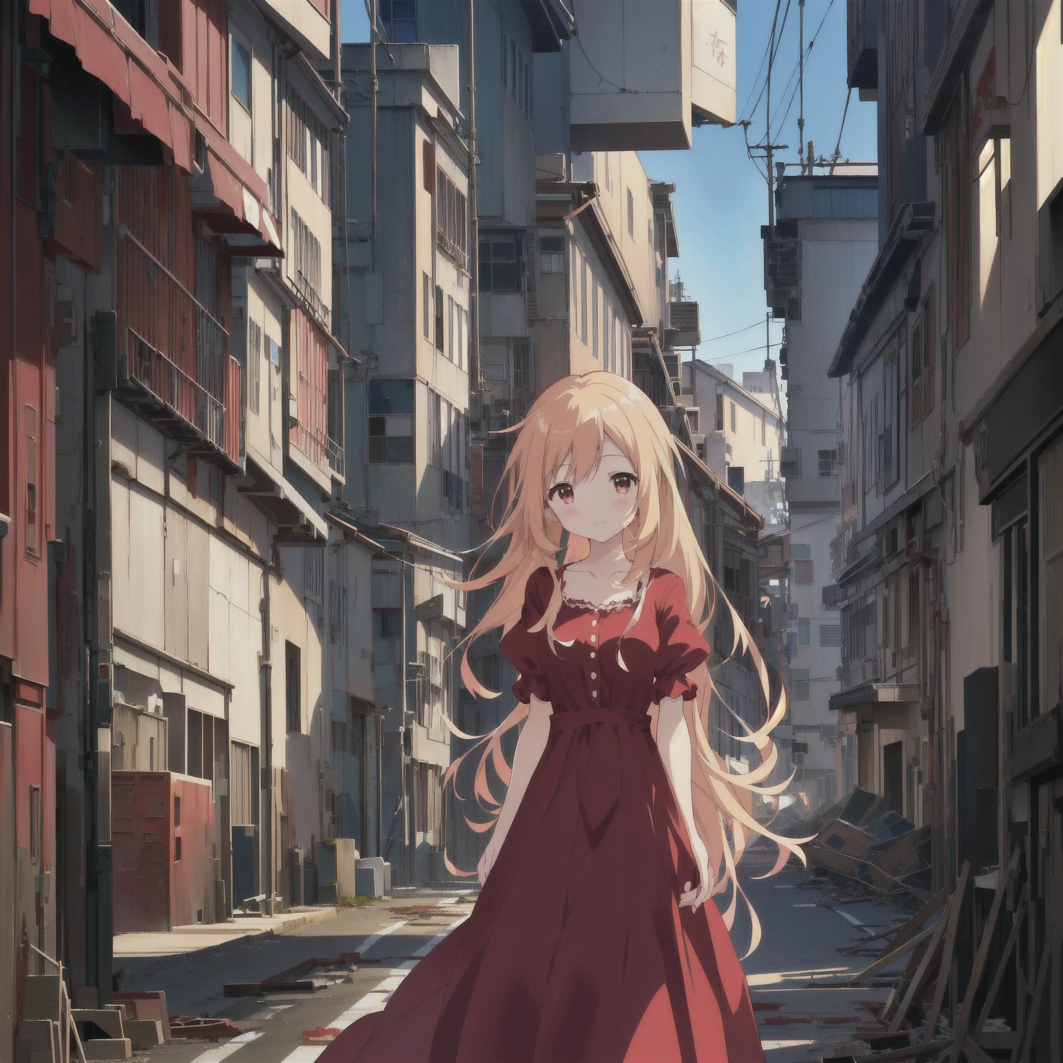 anime girl in red dress walking down a street with a piano, anime style 4 k, official artwork, official anime artwork, in a ruined cityscape, beautiful anime, beautiful anime girl, high detailed official artwork, nightcore, smooth anime cg art, kawacy, cute anime waifu in a nice dress, attractive anime girl, anime girl with long hair, 4k anime wallpaper