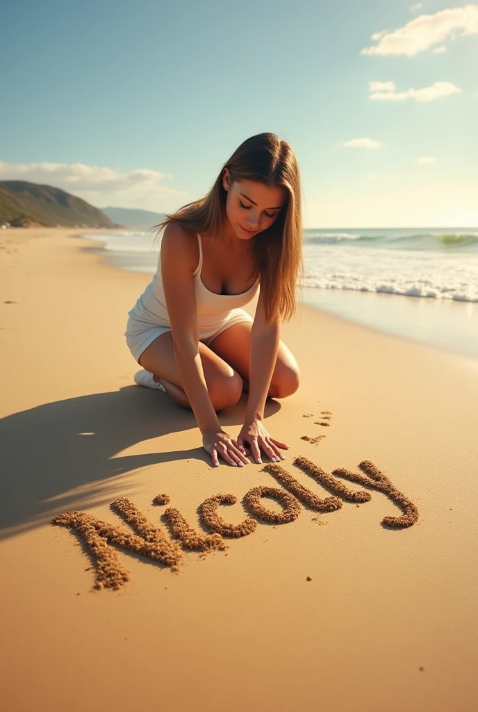 Super realistic, Fantasy art. Cinema 4D rendering, A photograph of a cute girl in a bikini on Summer sandy beach. Low angle shot from behind. She turns around and grins, blonde pony tail, blue eyes. The photo has a circular sticker that says "NSFW" on it, obscuring her buttocks.
