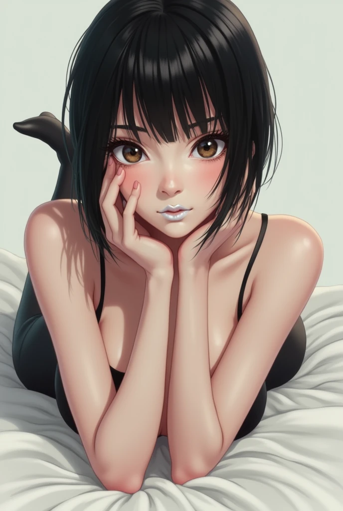 1girl, black hair, foxgirl, fox ears, ahri \(league of legends\), naughty, fanart, (raw photo, photorealistic, film grain, Fujifilm XT3), yellow eyes, tank top, (nixeu_soft:0.25), masterpiece, highres, sitting on chair, ((selfie)), low angle, (blush), <lora:ahriLeagueOfLegends_ahri45Suggested:0.55>