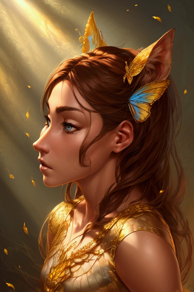 Portrait of a beautiful wolf boy with brown hair in 8k, intricate, elegant, very detailed, majestic, digital photography, art of artgerm, Ruan Jia and Greg Rutkowski, Surreal painting, Gold butterfly filigree, broken glass, (masterpiece, side light, delicate and beautiful eyes: 1.2), human development report