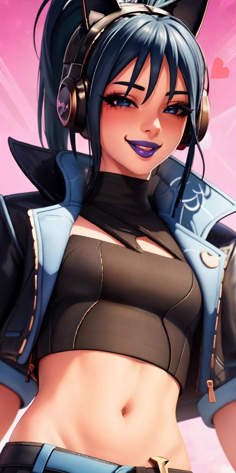 1girl,blue hair, ponytail, blue eyes, eyeshadow, (blush:1.1),upper body,trembling, heart,(speed lines:1.1), heart, black jacket, jacket crop top, navel cat ears headphones, black crop top, purple lips, smile, looking at viewer, facing viewer, wink