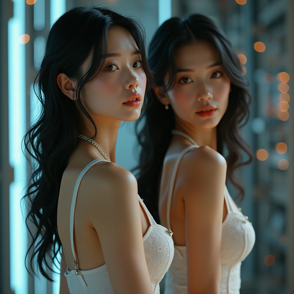 ((Realistic lighting, Best quality, 8K, Masterpiece: 1.3)), Focus, 1girl, breasts, black woman, curtain, arms tied, seen up close, Perfect body beauty, ((Side view)), hands back, hair pinned, black hair, (1solo), bedroom, black decoration, (((bare back))), skirt,