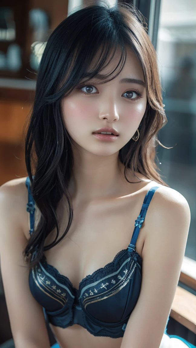 Long neck,Browse with caution,Flat Chest,Best Quality,Ultra-high resolution,1 person,whole body,Black Hair, bangs, Cool look,Looking into the camera,Beautiful and delicate face,Fine and beautiful skin,Skin Texture,20-year-old women,  (The most luxurious and intricately decorated lingerie in blue:1.5),(Small breasts:1.2), Shooting at a cafe,