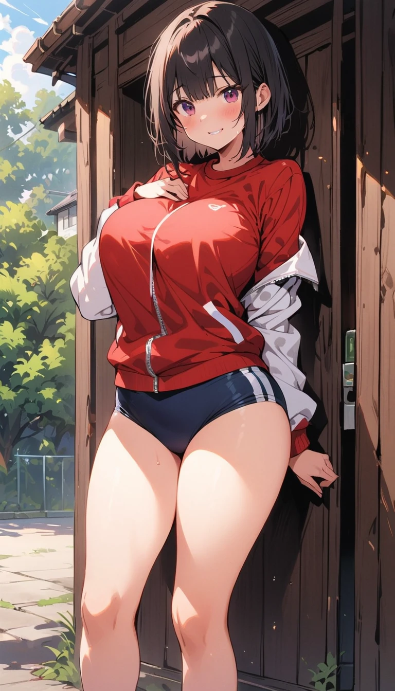 Erotic manga、Highest quality、A fawning expression、Cloudy、A super busty nymphomaniac high school girl in gym clothes spreads her legs and makes a sex appeal at a bus stop in the mountains of Japan during heavy rain、Perfect proportions、Fatty legs、Clear eyes、Amazingly overwhelming super busty、Erect nipples、Exposing pussy、Cowboy Shot、Sweaty