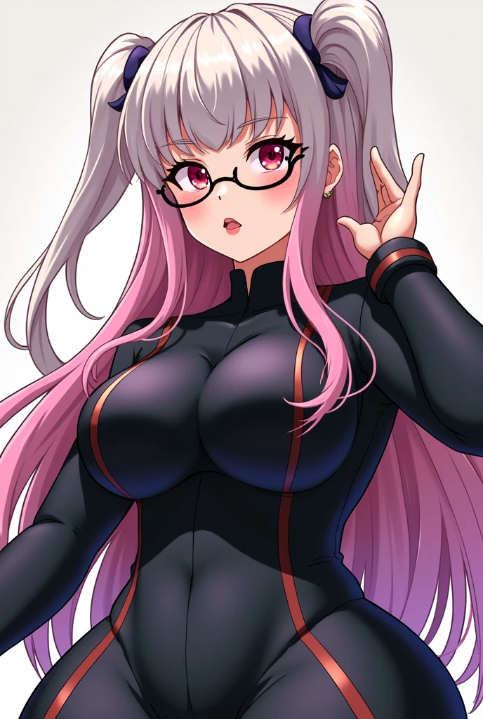 biwa hayahide \(umamusume\), under rim glasses, Sexy body, plump, curvy, big tits, sexypose, hip up, Crouching, spread legs, glossy latex suit, (((Transparent latex suit))), (((Transparent latex suit)))