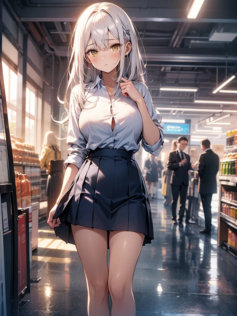 Girl, solo, Full Body, Long hair, white hair, Yellow eyes, sad face, eyes almost closed, Breasts, big Breasts, Large breasts, big Butt, white Button shirt, Button shirt popped out, Two Buttons popped out, Tight shirt, Short Skirt, Tiny Skirt, Dark BLUE skirt, tight Skirt, exposing your hands on your chest, in a public walmart